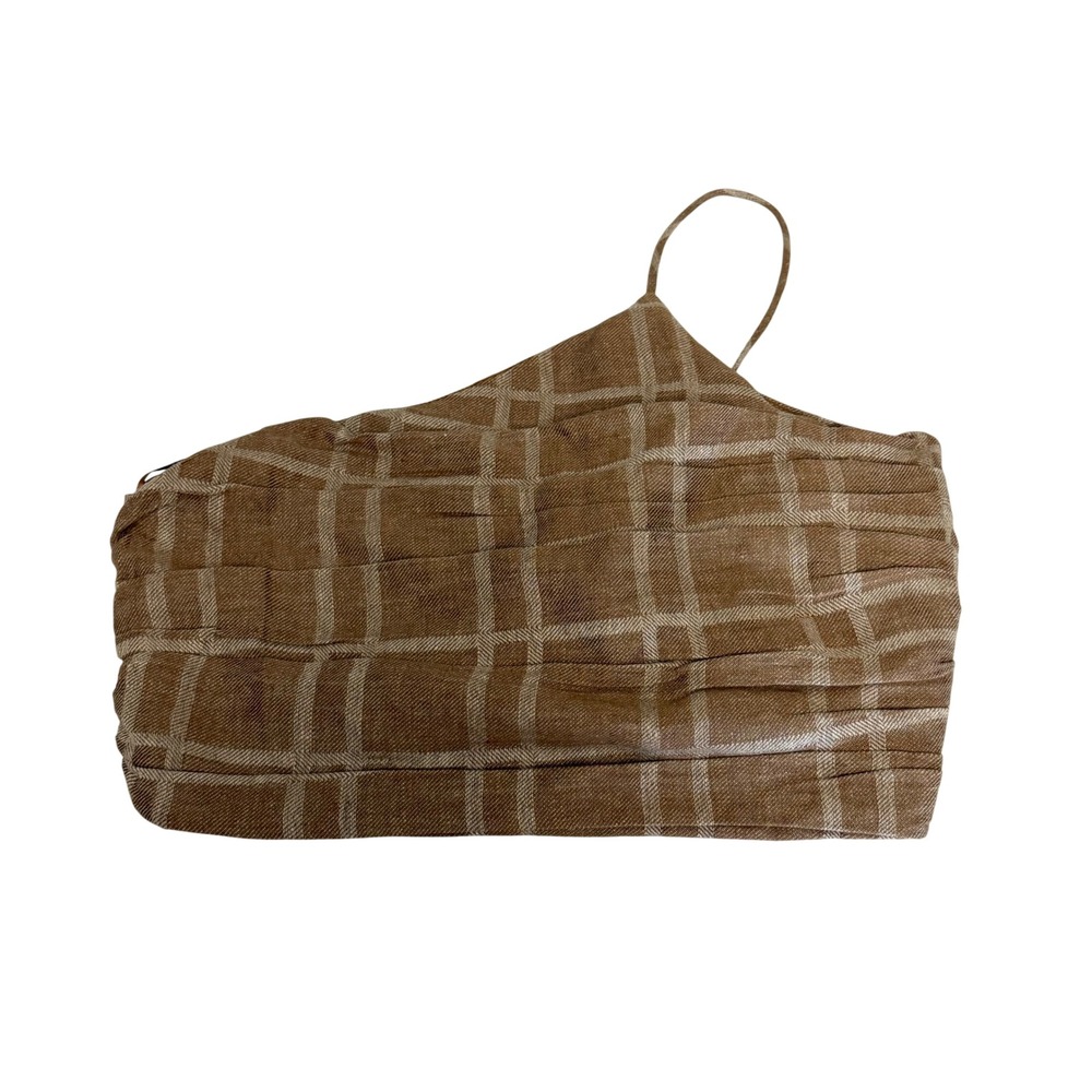 Promesa One Shoulder Plaid Crop Top Womens Large Brown Linen Blend Ruched NWT